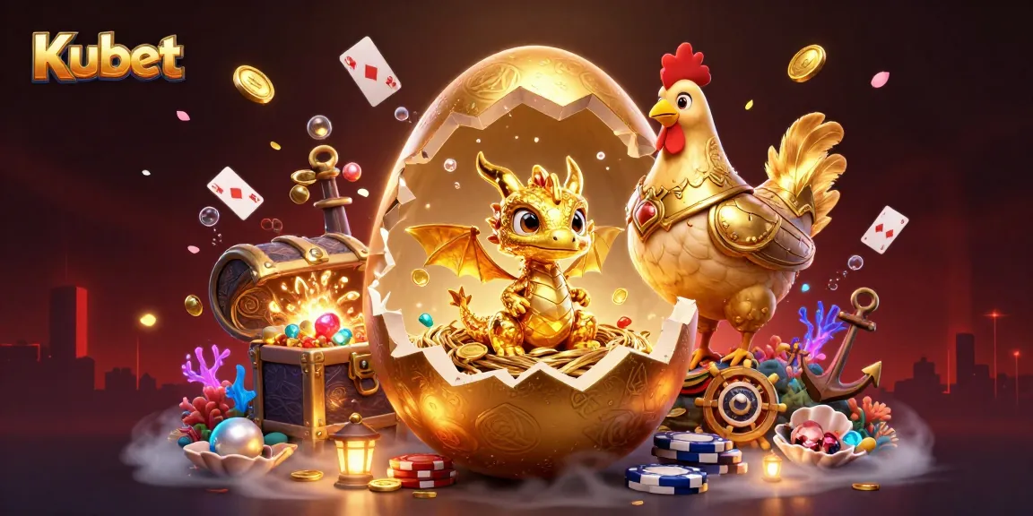 Kubet casino illustration with a golden dragon and poker chips amidst treasures for players.