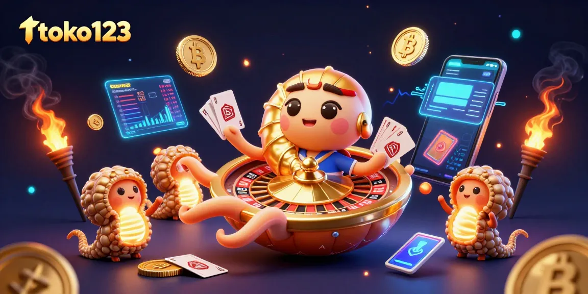 Play with toko123: A vibrant scene showcasing a golden roulette wheel and crypto elements.