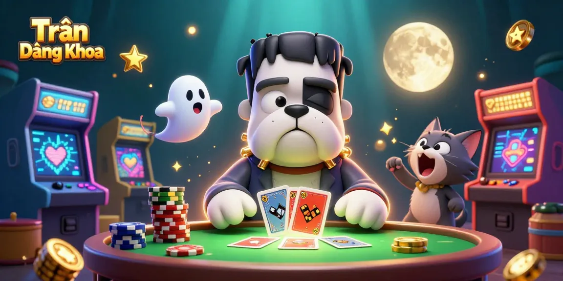 Engaging scene where Trần Đăng Khoa oversees a thrilling card game with a spooky atmosphere in a lively casino setting.