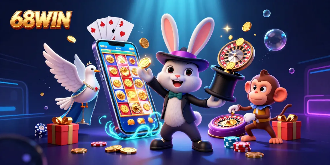 Experience the excitement of 68WIN as a magician rabbit pulls golden coins with a lively casino backdrop.