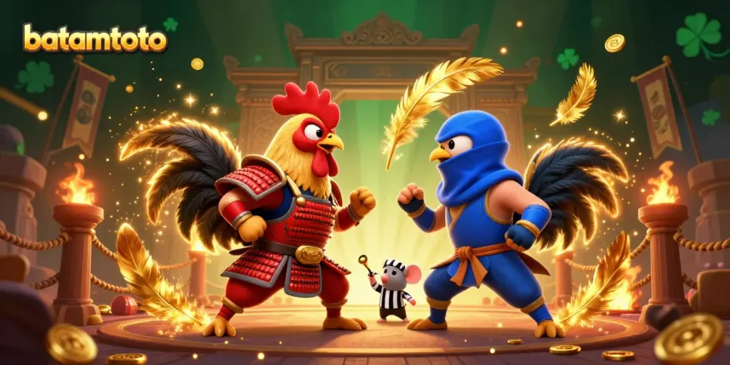 Engage with batamtoto's electrifying rooster battle, showcasing a samurai rooster and ninja rooster in a vibrant arena.