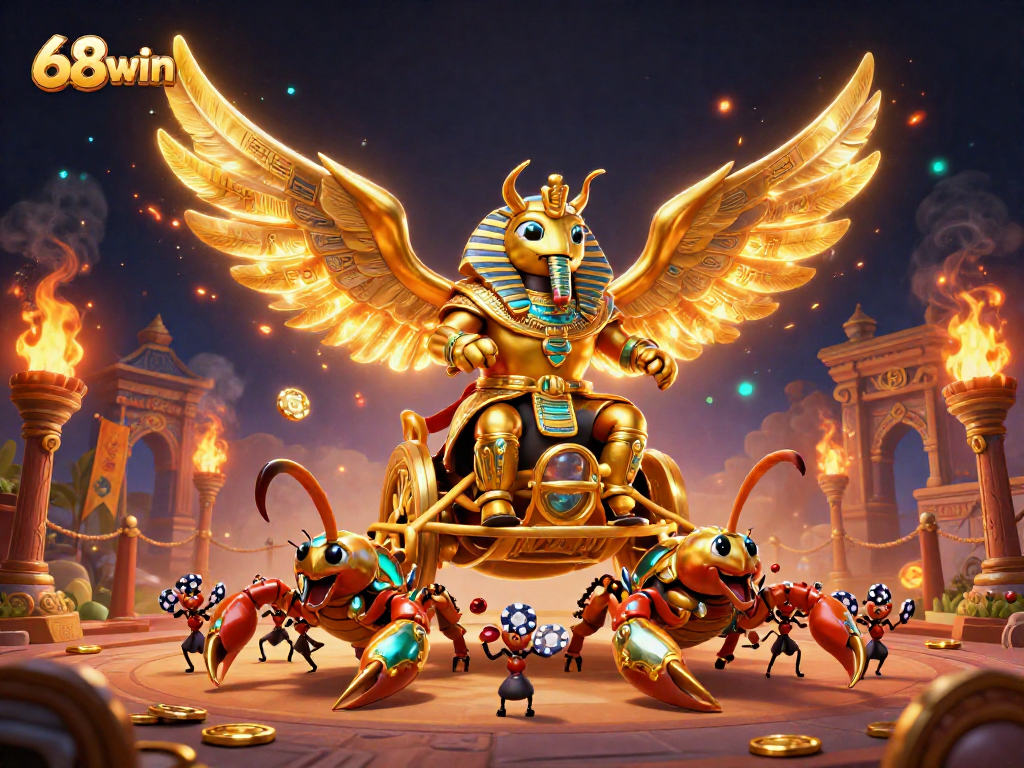 Experience thrilling bets at 68win with golden characters and casino elements in a vibrant scene.