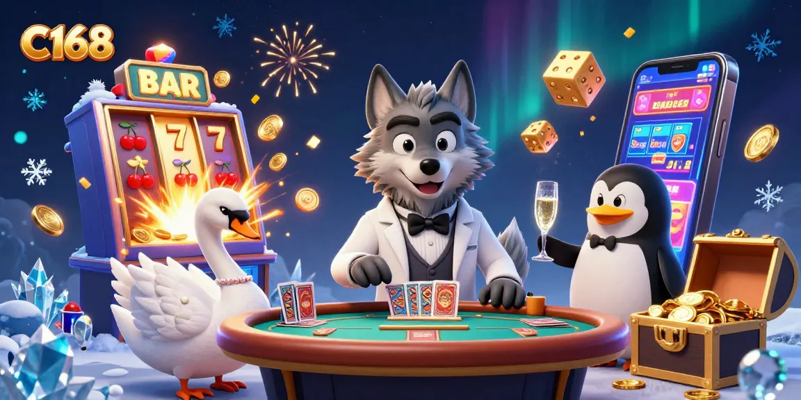 Experience the excitement of C168 with cartoon characters at a casino table amidst vibrant game elements.