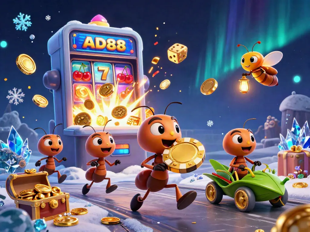 Engage with AD88's vibrant 3D scene featuring an ant team carrying a giant poker chip amidst a casino explosion.