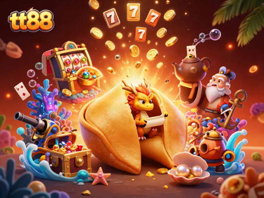 Experience thrilling wins with tt88's vibrant casino adventures, showcasing golden fortune cookies and dynamic game elements.