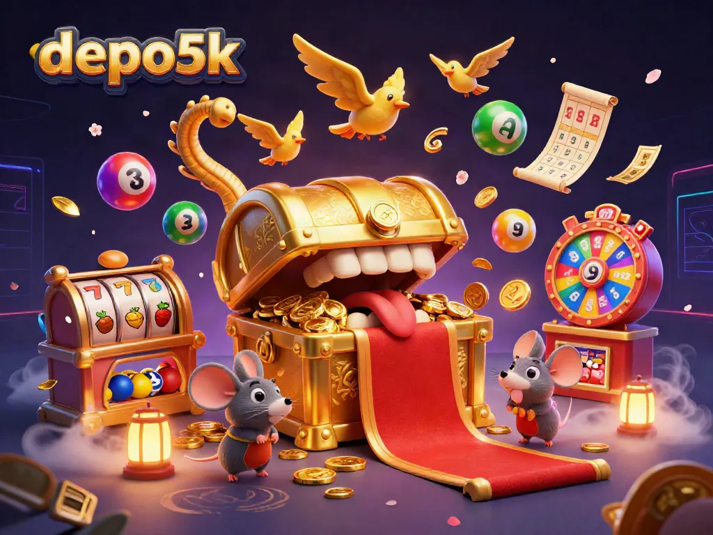 Engage with depo5k's thrilling jackpot adventures in this vibrant 3D illustration featuring lottery dynamics.