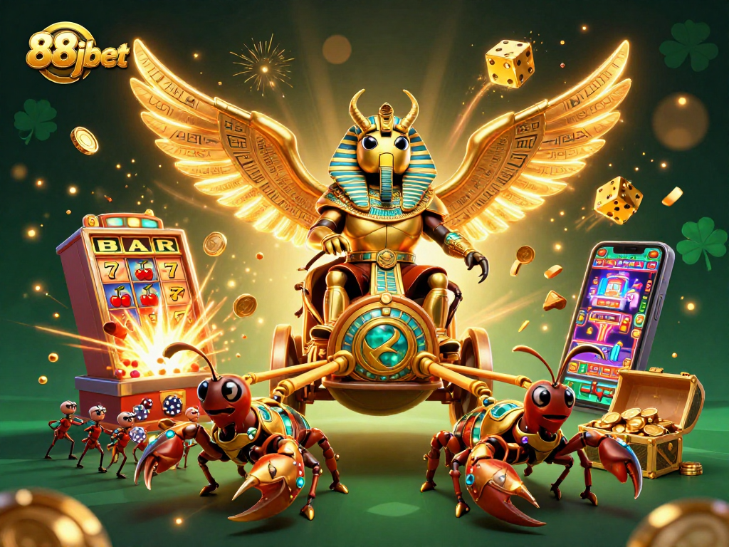 Engage with the 88jbet casino experience featuring a golden scarab, scorpions, and jackpot frenzy.