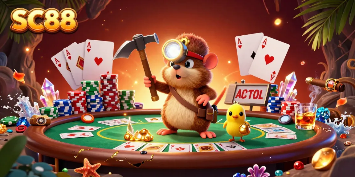Experience thrilling gaming adventures at SC88 with colorful poker elements and a treasure-hunting scene.