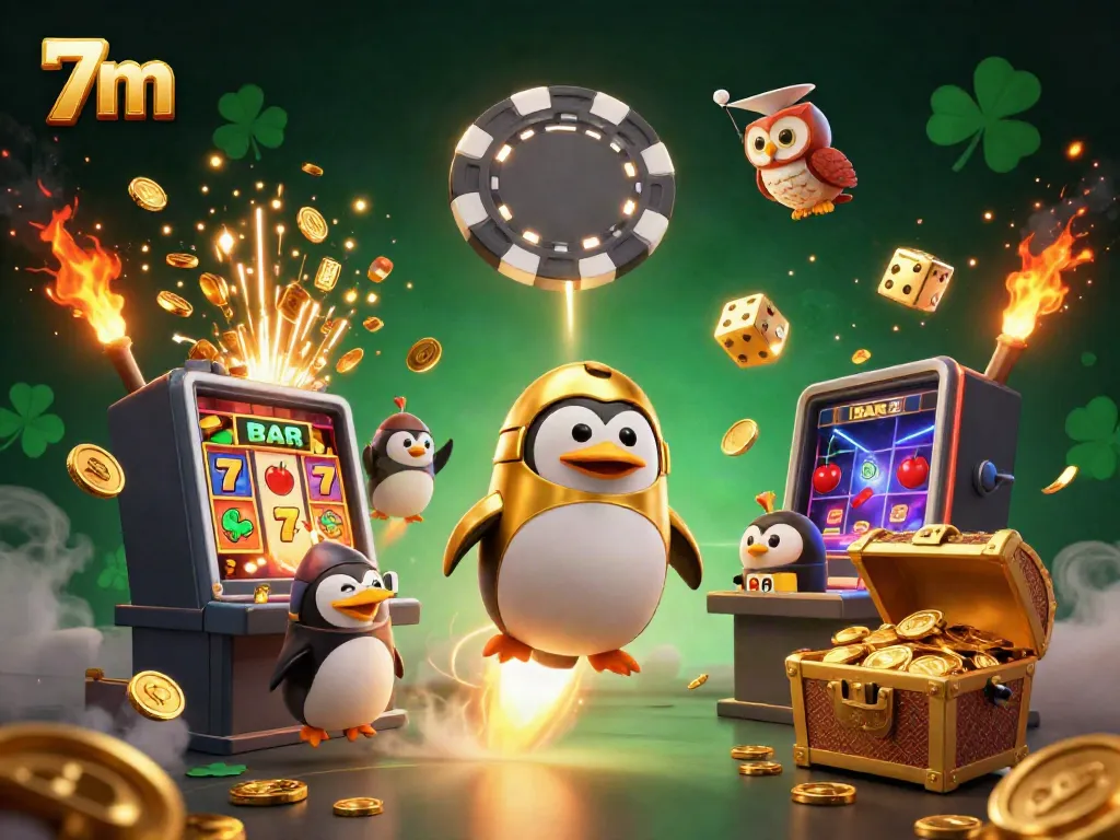 Catch thrilling moments with 7m as a golden penguin seeks jackpot treasures in a vibrant casino universe.