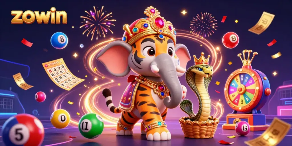 Zowin's vibrant 3D casino scene features a playful Indian maharaja tiger, gold elements, and lottery excitement.