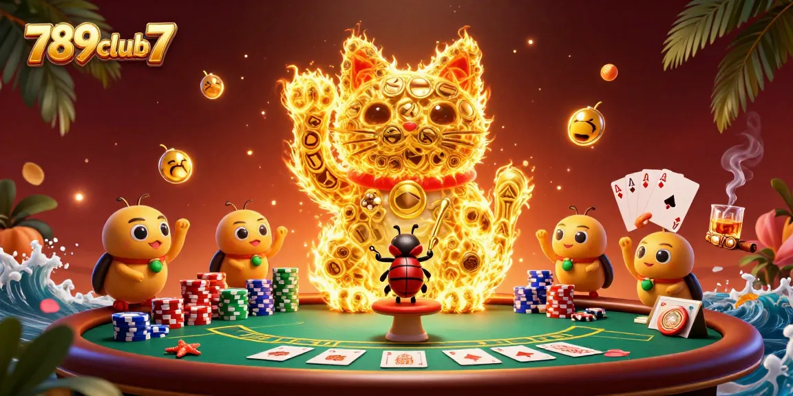 Engage in thrilling games at 789club7, showcasing vibrant casino symbols and a lucky cat illustration.