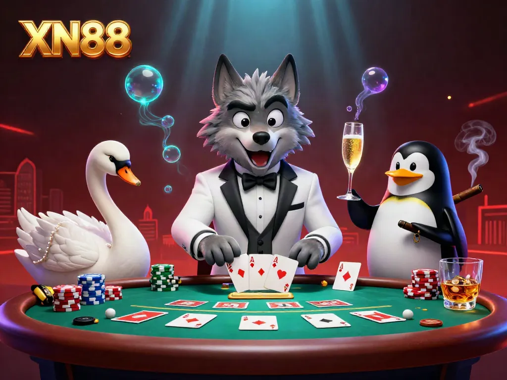 Experience luxury gaming at XN88 with a debonair wolf, a swan dealer, and a penguin sommelier in a rich casino scene.