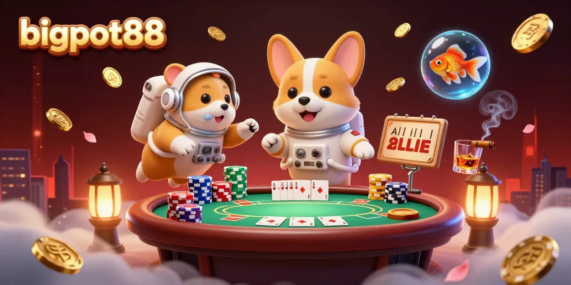 Experience bigpot88's thrilling casino adventures with a floating astronaut corgi amidst poker chips and vibrant lights.