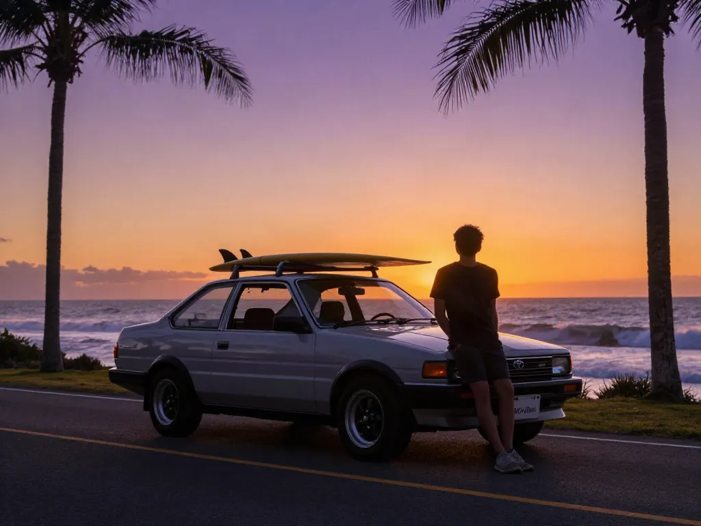 Adventure on the A80 platform with a coastal sunset backdrop, showcasing a Toyota Supra against vibrant ocean waves.