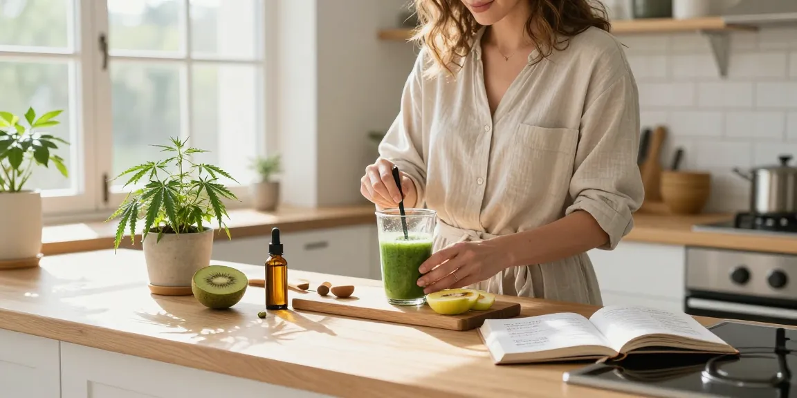Creación de contenido de marketing con aceite de CBD en una cocina natural, resaltando bienestar y calidad orgánica.