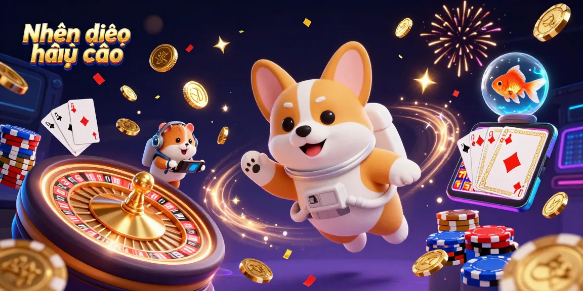 Exciting Nhận định kèo nhà cái scene with a cartoon corgi astronaut, poker chips, and casino elements.