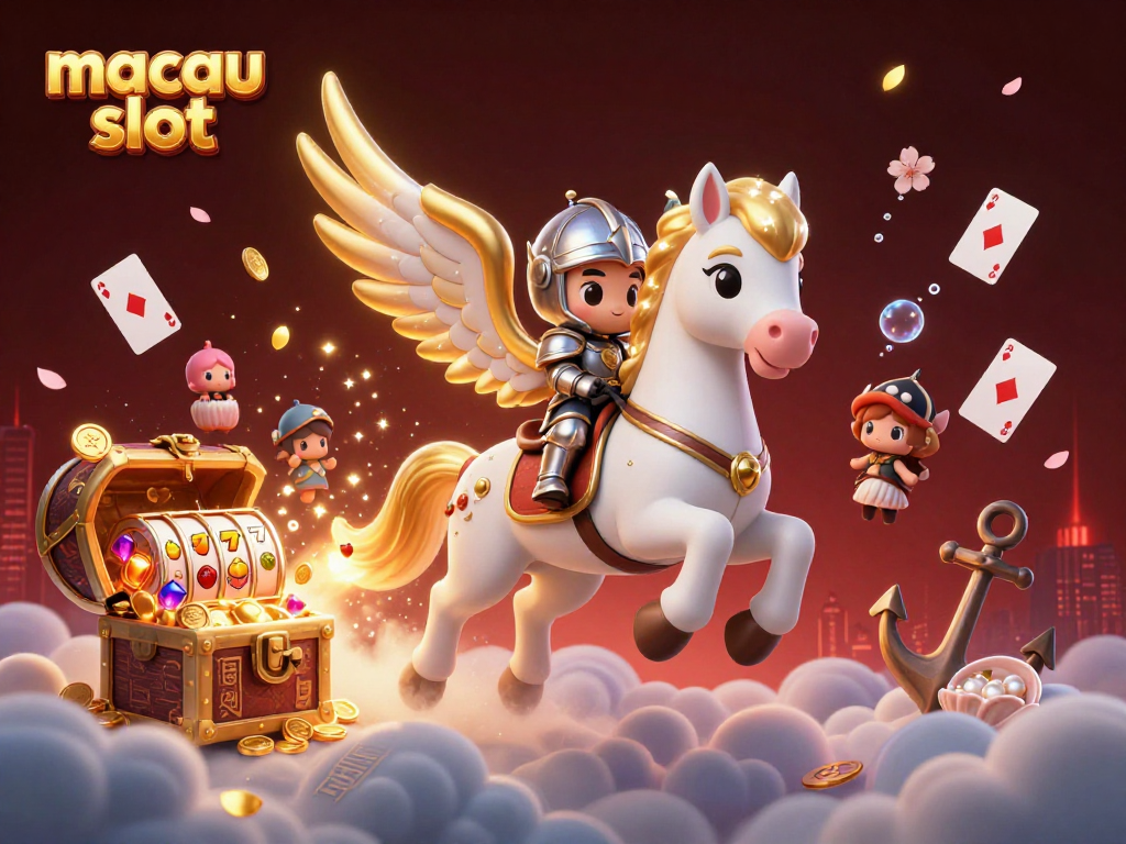 Bermain macau slot dengan kuda putih bersayap berkilau dan peti harta di bawah laut yang meledak dengan koin emas.
