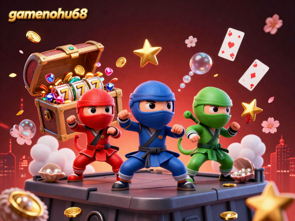 Experience winning strategies at gamenohu68 with a colorful casino-themed illustration featuring chameleons and treasures.