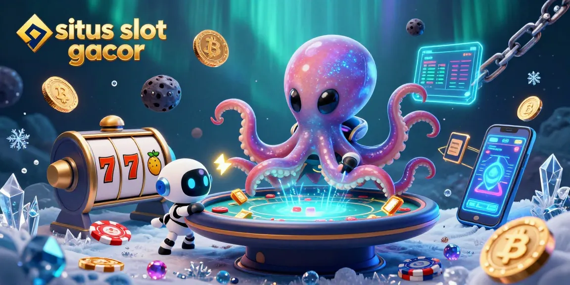Win big with situs slot gacor as a colorful alien octopus runs a holographic poker table, amidst floating crypto coins.