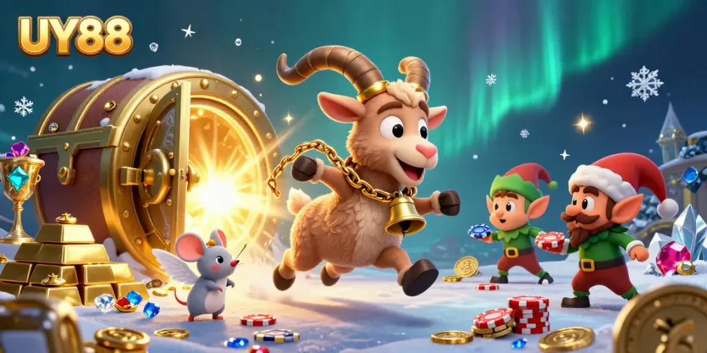 Join the fun at UY88's vibrant holiday casino with festive characters and gleaming treasures.