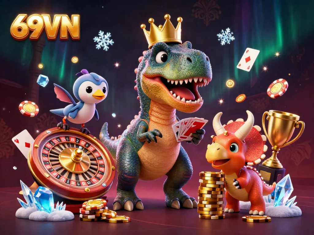 Experience online gambling with 69VN in this vibrant T-Rex casino scene featuring games and excitement.