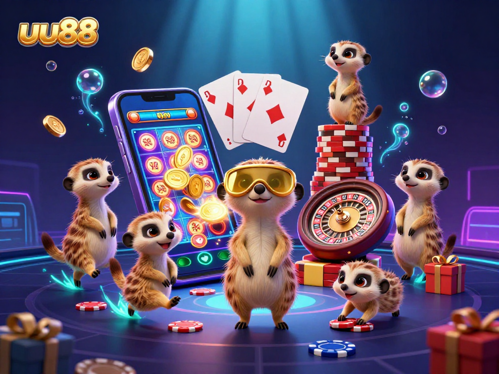 Engage with uu88's vibrant casino scene featuring meerkats, colorful slot games, and dynamic gaming action.