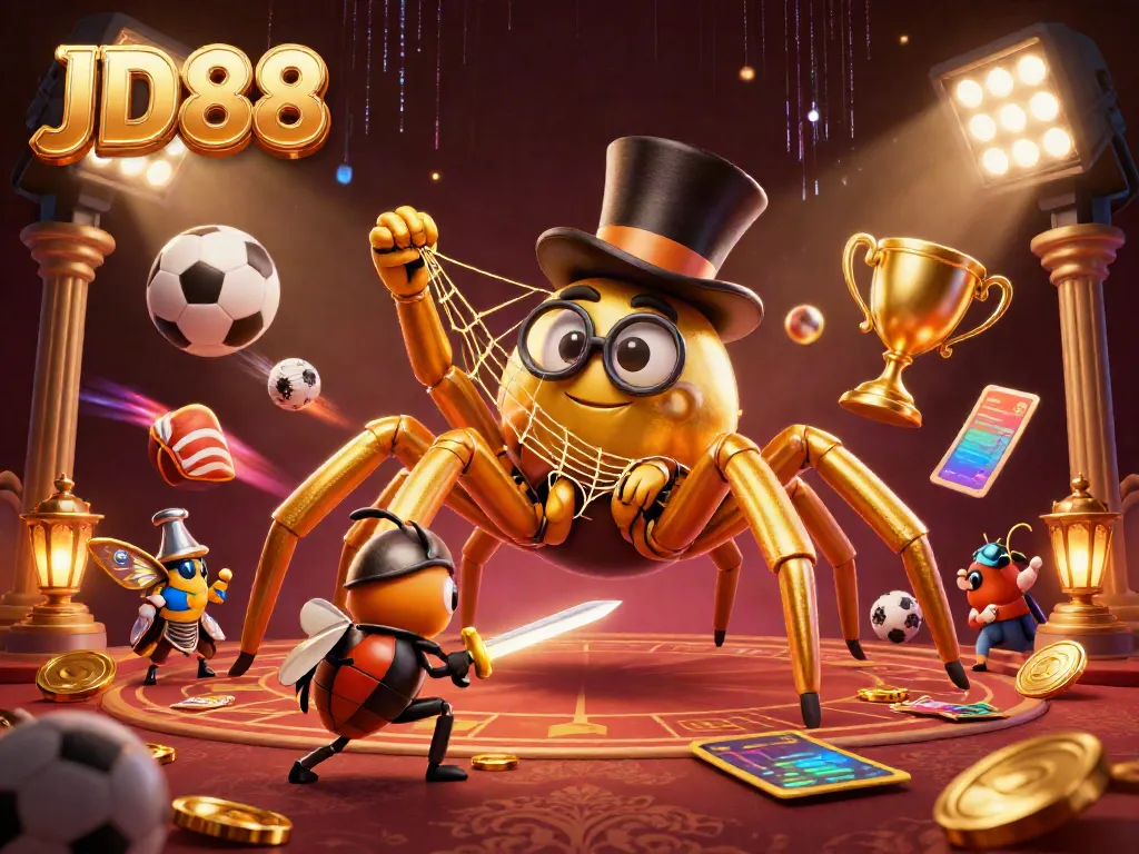 JD88 brings excitement with a golden tarantula and beetle knight in a dynamic casino scene.