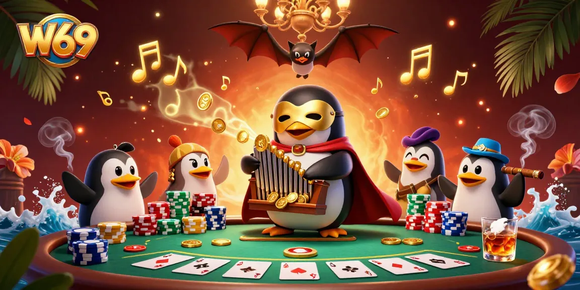 W69 casino illustration with a penguin playing an organ, golden coins, and poker elements.