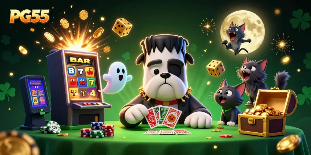 Experience thrilling card deals with PG55 at a spooky casino table surrounded by vibrant gaming elements.