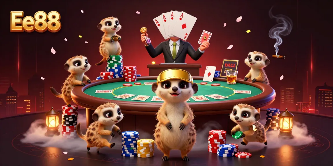 Experience the excitement of Ee88 as meerkats run a vibrant casino operation with poker games and colorful chips.