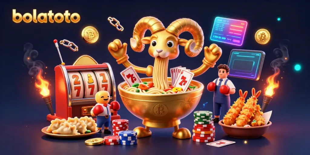 Experience the excitement of bolatoto with a dynamic 3D scene featuring slot reels and crypto elements.