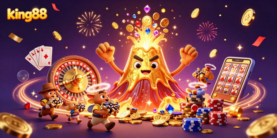 Experience the excitement at king88 with a vibrant casino-themed illustration featuring a golden volcano erupting coins.