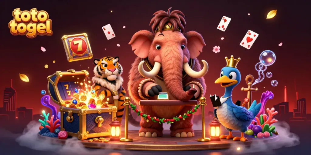 Engage with toto togel through a vibrant 3D casino scene filled with characters and treasure.
