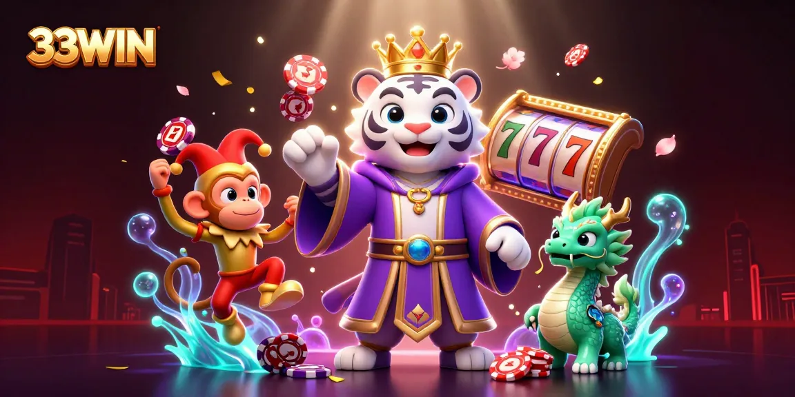 Playful scene depicting the 33WIN casino experience with a royal tiger and jester monkey amidst vibrant gambling elements.