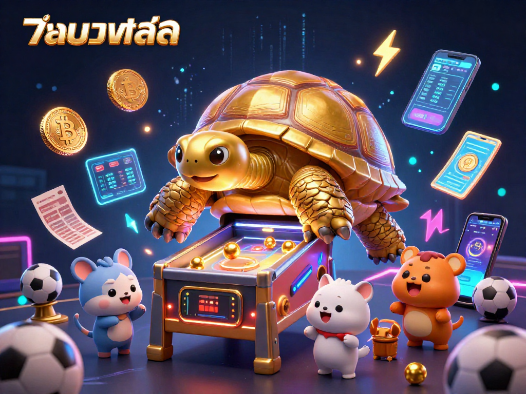 Enjoy แทงบอลสด action with vibrant sports elements and dynamic cartoon characters in a lively casino scene.