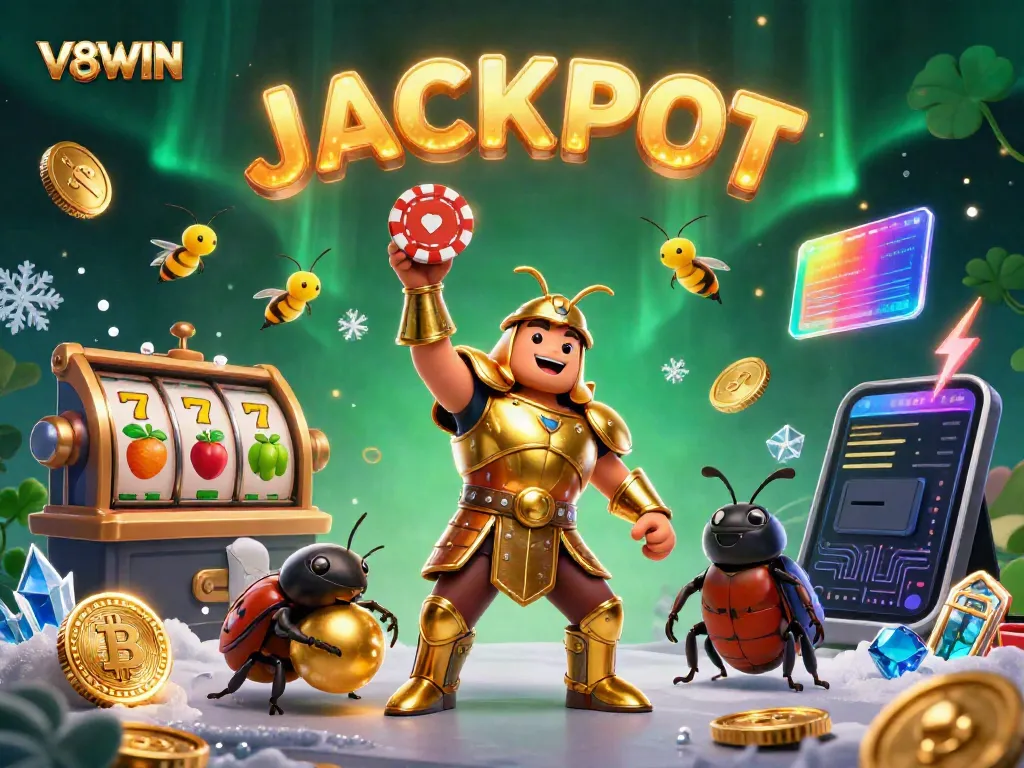 Win big with V8WIN in a vibrant casino scene featuring a heroic beetle celebrating with poker chips and glowing coins.
