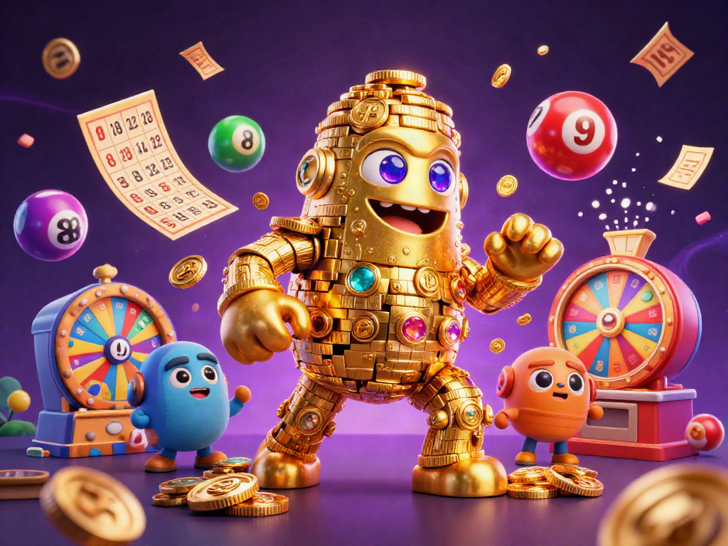 Megawin888 menampilkan golem emas kuno dan elemen permainan lotere yang menarik.