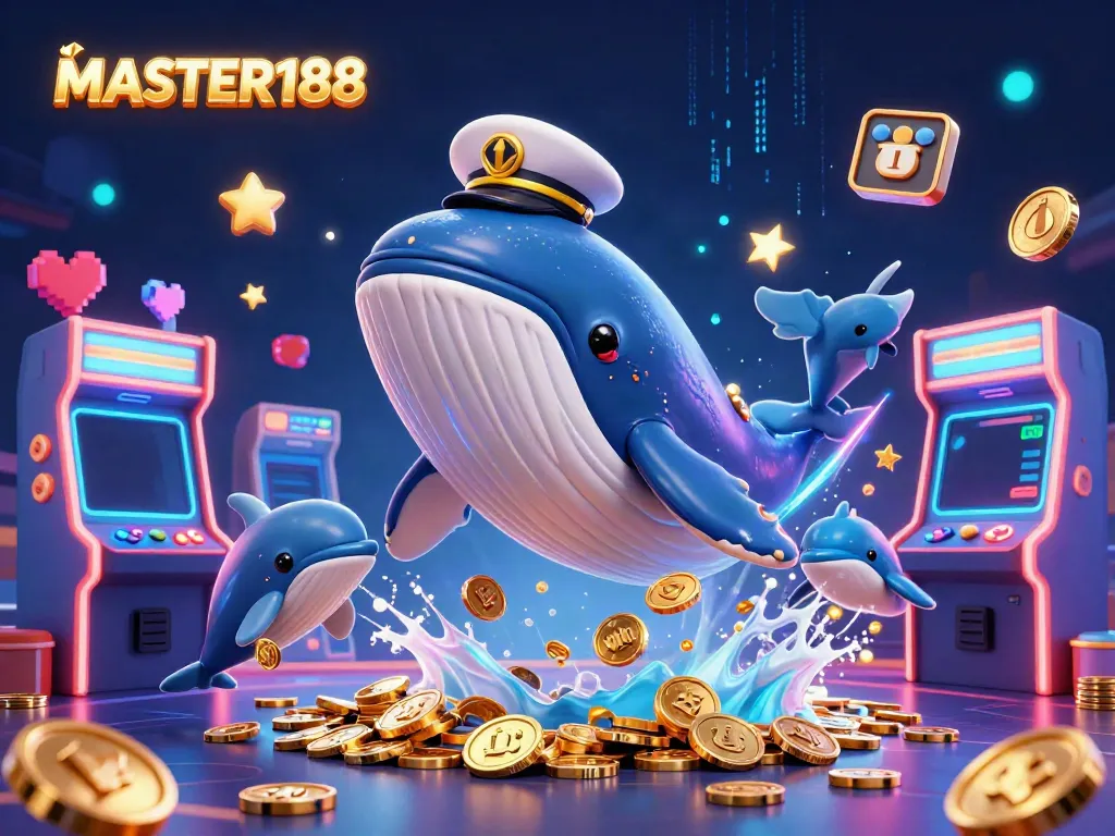 Engage in thrilling gameplay with MASTER188, featuring a whale captain amidst coins and poker chips.
