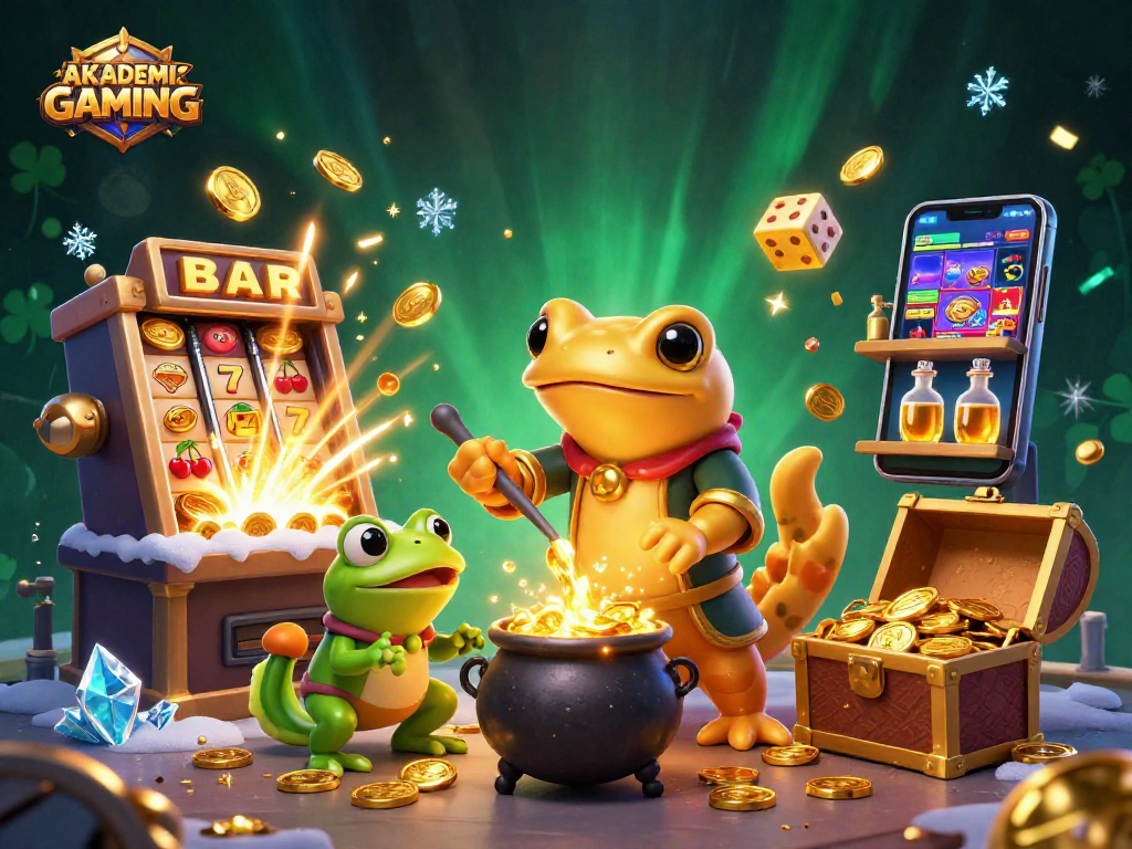 Experience the magic of AKADEMIGAMING with a dynamic scene of gaming and alchemy.