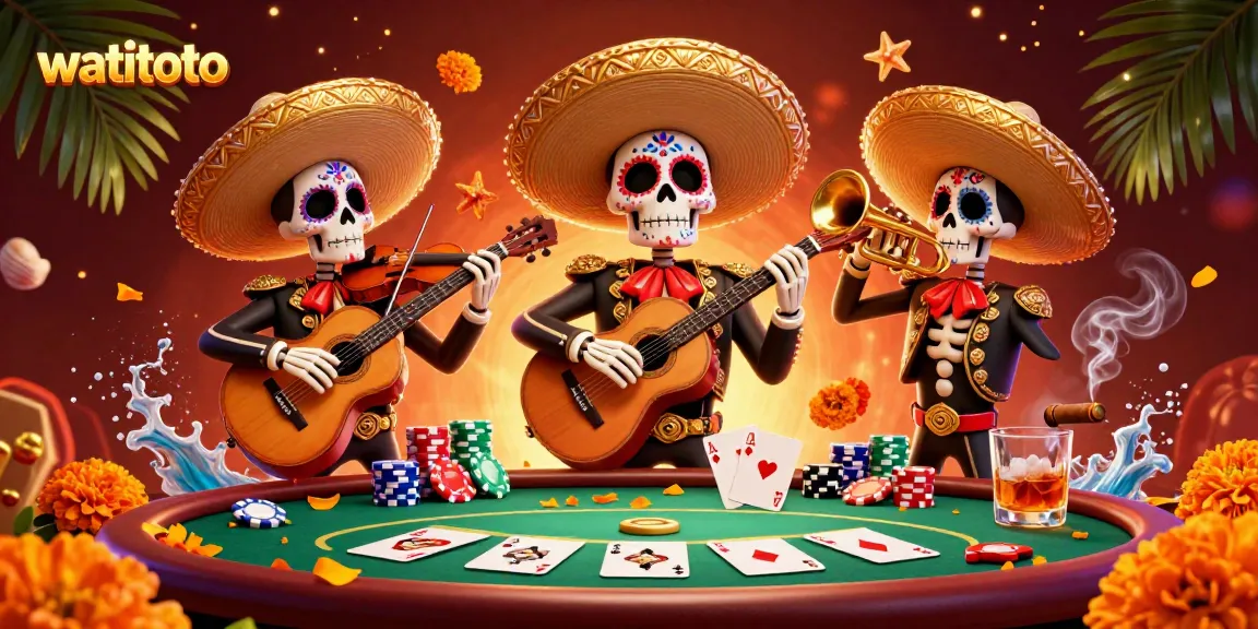 Experience betting thrills with watitoto's dynamic scene featuring fiesta-inspired skeleton musicians.
