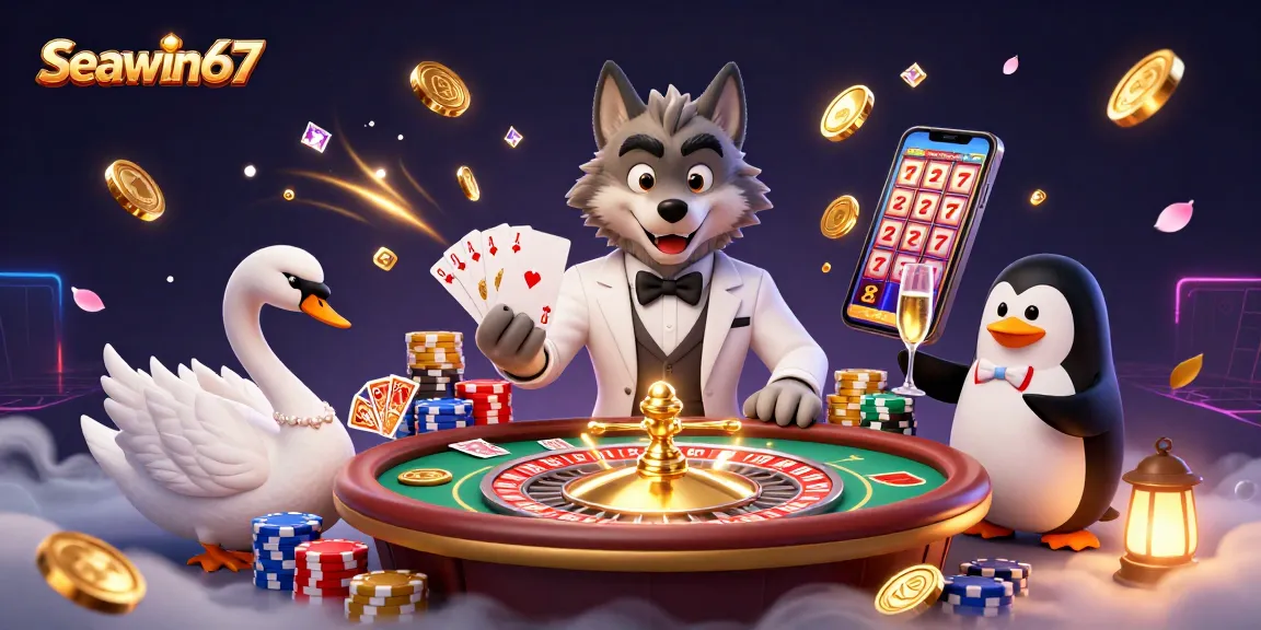 Seawin67 menampilkan kasino dengan karakter menarik, kartu baccarat, dan koin emas berkilau.
