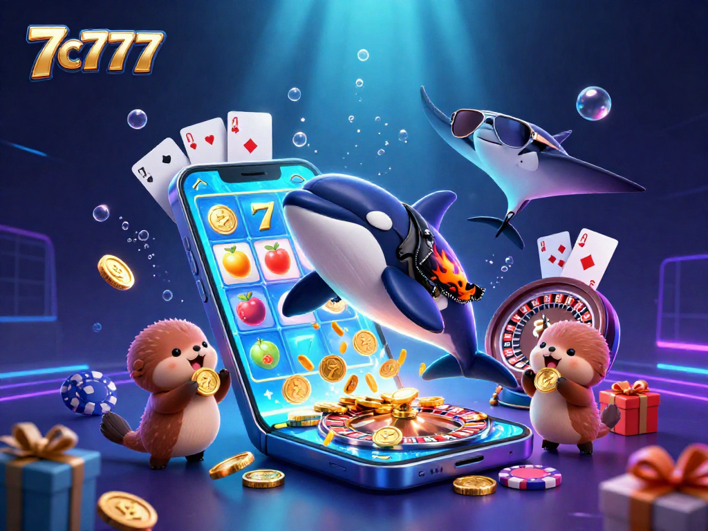 Join the fun in 7c777's vibrant casino scene featuring exciting games and playful sea creatures.