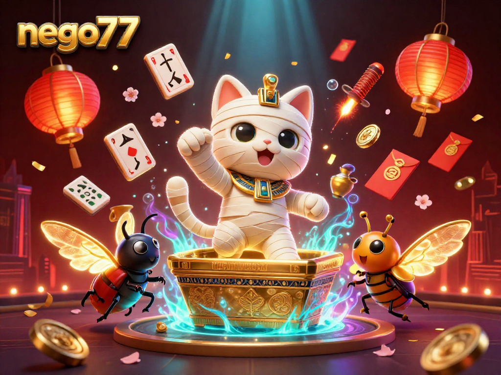 Experience thrilling slots action at nego77 with a cartoon mummy cat while surrounded by lucky charms and casino elements.