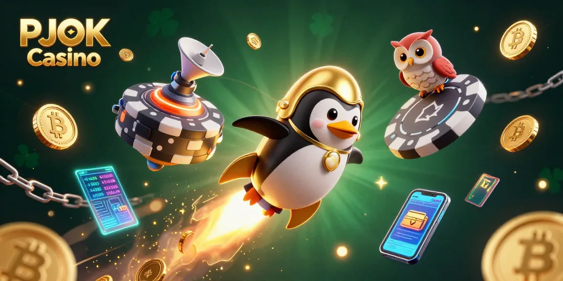 Engage with PJOK Casino's thrilling atmosphere featuring a golden penguin blasting to a poker chip space station amidst glowing cryptocurrencies.