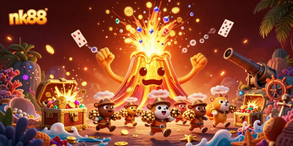 Engage with nk88's thrilling gaming experience featuring golden volcanoes and underwater treasures.