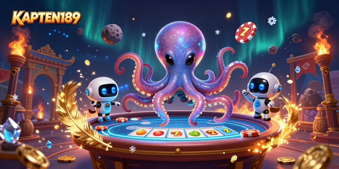 KAPTEN189 menampilkan ilustrasi slot yang meriah dengan karakter kartun alien dan efek cahaya dramatis.