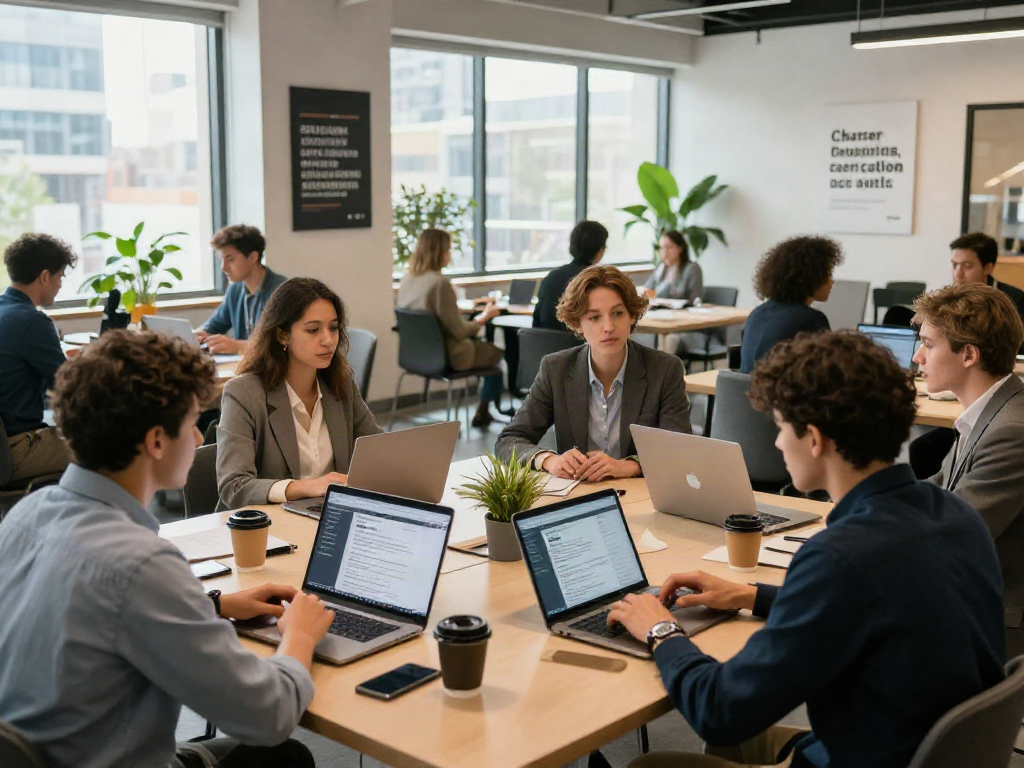 Dynamic co-working space scene highlighting job seekers engaging in career growth and job search activities, หางาน opportunities abound.