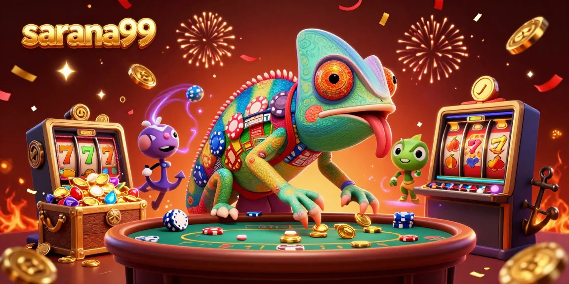 Sarana99 invites excitement with colorful casino games and dynamic chameleon character.