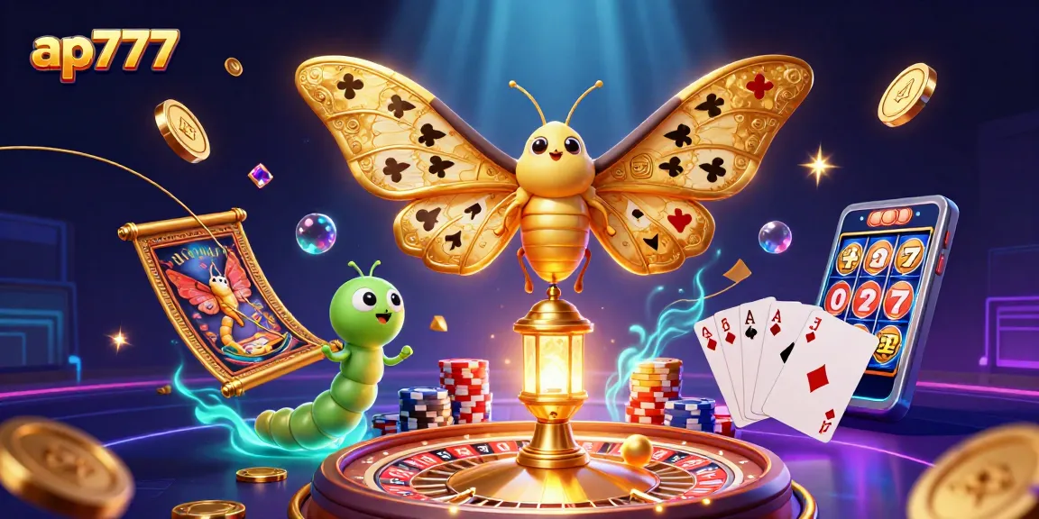 Experience thrilling online gaming with ap777, showcasing majestic moths and dynamic casino elements.