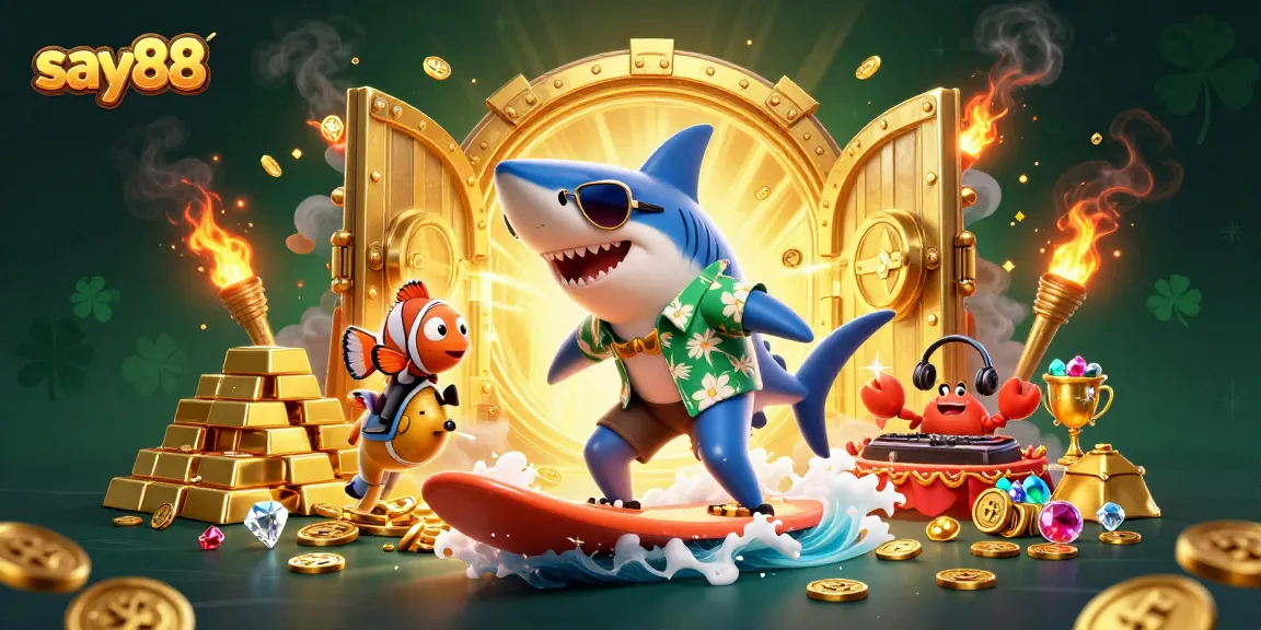 Experience thrilling wins at say88 with vibrant 3D characters cascading in a gold coin wave.
